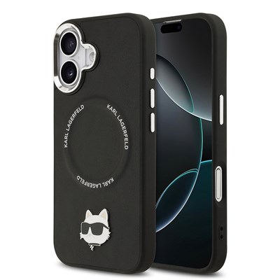 Apple iPhone 17 Kılıf Karl Lagerfeld Orjinal Lisanslı M-safe Şarj Özellikli Metal Kamera ve Buton Tasarımlı Choupette PU Deri Kapak