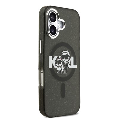 Apple iPhone 17 Kılıf Karl Lagerfeld Orjinal Lisanslı Parlayan Simli Karl & Choupette Sketch Logo Kapak