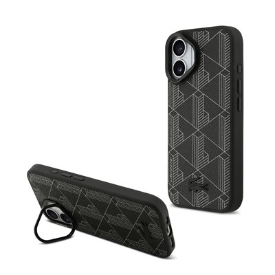 Apple iPhone 17 Kılıf Lacoste Orjinal Lisanslı M-safe Şarj Özellikli Standlı PU Deri Karışık Monogram Desenli Kapak