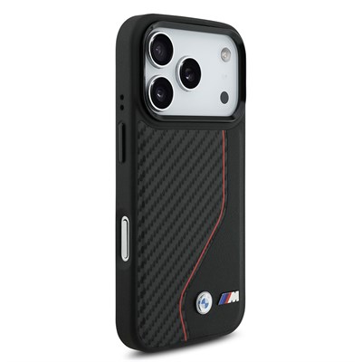 Apple iPhone 17 Pro Kılıf BMW Orjinal Lisanslı M-safe Şarj Özellikli Metal BMW ve M Logolu PU Karbon Tasarımlı Kapak