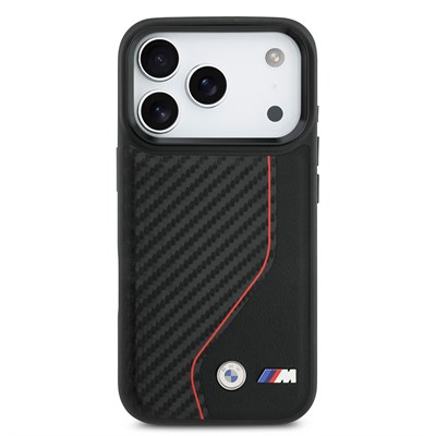 Apple iPhone 17 Pro Kılıf BMW Orjinal Lisanslı M-safe Şarj Özellikli Metal BMW ve M Logolu PU Karbon Tasarımlı Kapak