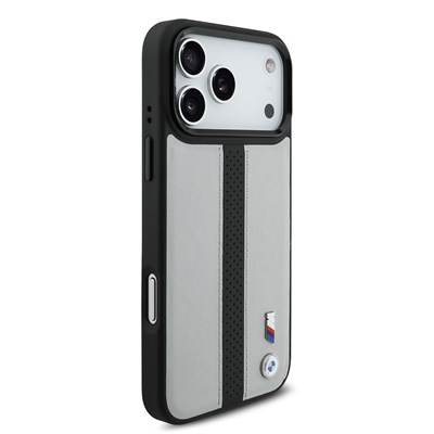 Apple iPhone 17 Pro Kılıf BMW Orjinal Lisanslı M-safe Şarj Özellikli Deri Arka Yüzey Metal Logolu Delikli Şerit Tasarımlı Kapak