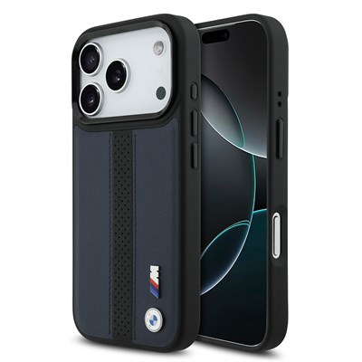 Apple iPhone 17 Pro Kılıf BMW Orjinal Lisanslı M-safe Şarj Özellikli Deri Arka Yüzey Metal Logolu Delikli Şerit Tasarımlı Kapak