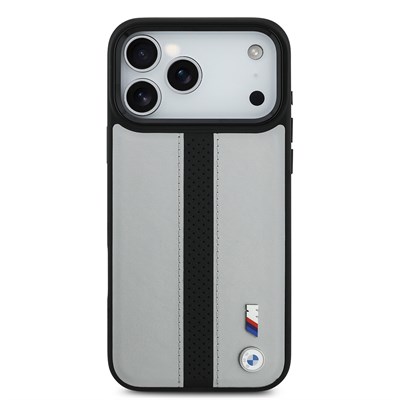 Apple iPhone 17 Pro Kılıf BMW Orjinal Lisanslı M-safe Şarj Özellikli Deri Arka Yüzey Metal Logolu Delikli Şerit Tasarımlı Kapak