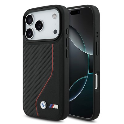 Apple iPhone 17 Pro Kılıf BMW Orjinal Lisanslı M-safe Şarj Özellikli Metal BMW ve M Logolu PU Karbon Tasarımlı Kapak