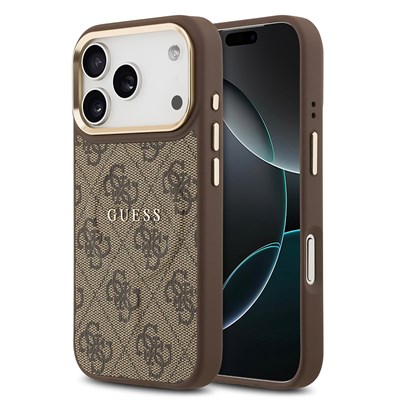 Apple iPhone 17 Pro Kılıf Guess Orjinal Lisanslı M-safe Şarj Özellikli Gold Metal Kamera Çerçeveli PU Deri 4G Desenli Yazı Logolu Kapak