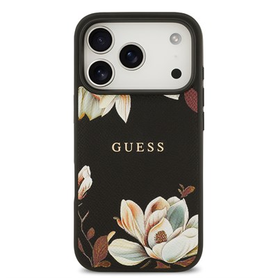 Apple iPhone 17 Pro Kılıf Guess Orjinal Lisanslı M-safe Şarj Özellikli Taneli Çiçek Tasarımlı Metal Yazı Logolu Kapak
