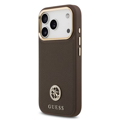 Apple iPhone 17 Pro Kılıf Guess Orjinal Lisanslı M-safe Şarj Özellikli Grained Yazı ve Taşlı 4G Logolu Kapak