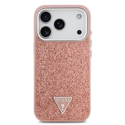 Apple iPhone 17 Pro Kılıf Guess Orjinal Lisanslı M-safe Şarj Özellikli Metal Kamera Çerçeveli Üçgen Logolu Glitter Kapak