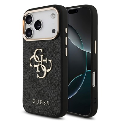 Apple iPhone 17 Pro Kılıf Guess Orjinal Lisanslı Gold Metal Kamera Çerçeveli 4G Desenli Metal Büyük 4G ve Yazı Logolu Kapak