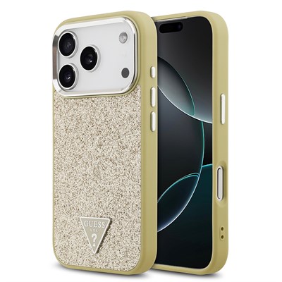 Apple iPhone 17 Pro Kılıf Guess Orjinal Lisanslı M-safe Şarj Özellikli Metal Kamera Çerçeveli Üçgen Logolu Glitter Kapak