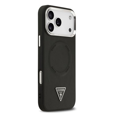 Apple iPhone 17 Pro Kılıf Guess Orjinal Lisanslı M-safe Şarj Özellikli PU Deri Metal Kamera Çerçeveli Üçgen Logolu Kapak