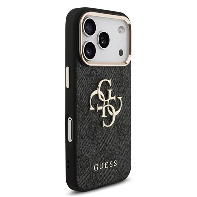Apple iPhone 17 Pro Kılıf Guess Orjinal Lisanslı Gold Metal Kamera Çerçeveli 4G Desenli Metal Büyük 4G ve Yazı Logolu Kapak