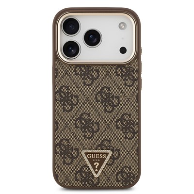 Apple iPhone 17 Pro Kılıf Guess Orjinal Lisanslı M-safe Şarj Özellikli Gold Metal Kamera Çerçeveli Taşlı Üçgen Logo 4G Desenli Kapak