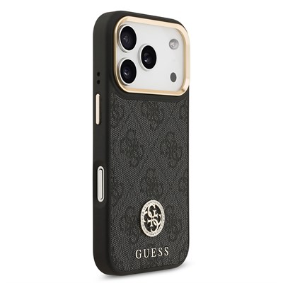 Apple iPhone 17 Pro Kılıf Guess Orjinal Lisanslı M-safe Şarj Özellikli Gold Metal Kamera Çerçeveli Taşlı 4G Logolu Kapak