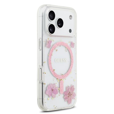 Apple iPhone 17 Pro Kılıf Guess Orjinal Lisanslı M-safe Şarj Özellikli Transparan Resin Flowers Kapak