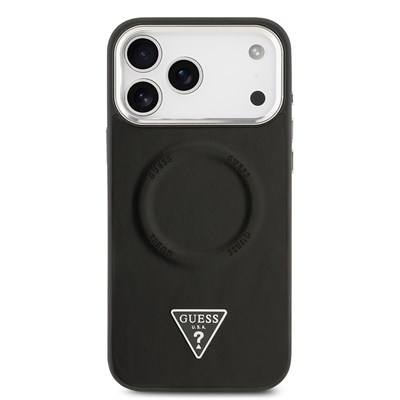Apple iPhone 17 Pro Kılıf Guess Orjinal Lisanslı M-safe Şarj Özellikli PU Deri Metal Kamera Çerçeveli Üçgen Logolu Kapak
