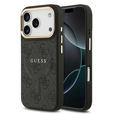 Apple iPhone 17 Pro Kılıf Guess Orjinal Lisanslı M-safe Şarj Özellikli Gold Metal Kamera Çerçeveli PU Deri 4G Desenli Yazı Logolu Kapak