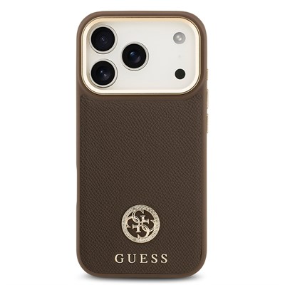 Apple iPhone 17 Pro Kılıf Guess Orjinal Lisanslı M-safe Şarj Özellikli Grained Yazı ve Taşlı 4G Logolu Kapak