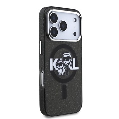Apple iPhone 17 Pro Kılıf Karl Lagerfeld Orjinal Lisanslı Parlayan Simli Karl & Choupette Sketch Logo Kapak