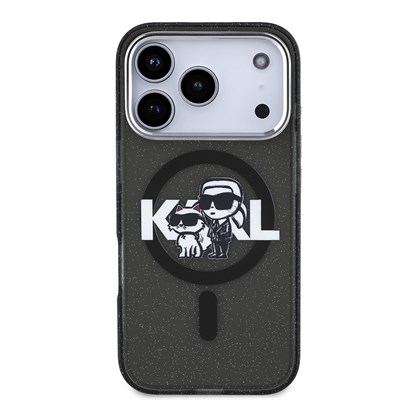 Apple iPhone 17 Pro Kılıf Karl Lagerfeld Orjinal Lisanslı Parlayan Simli Karl & Choupette Sketch Logo Kapak