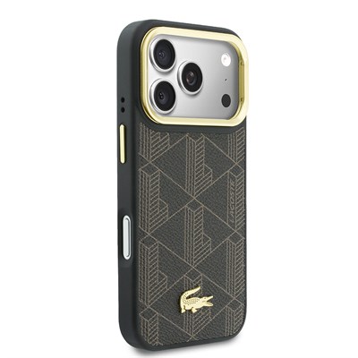 Apple iPhone 17 Pro Kılıf Lacoste Orjinal Lisanslı M-safe Şarj Özellikli Standlı PU Deri Karışık Monogram Desenli Kapak