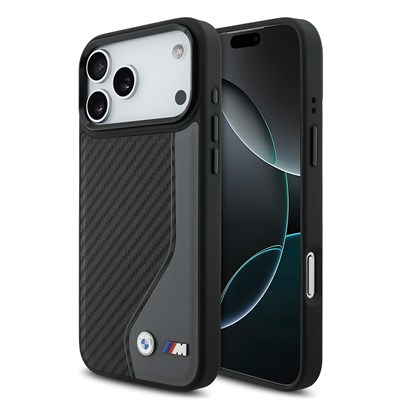 Apple iPhone 17 Pro Max Kılıf BMW Orjinal Lisanslı M-safe Şarj Özellikli Metal BMW ve M Logolu PU Karbon Tasarımlı Kapak