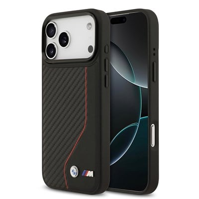Apple iPhone 17 Pro Max Kılıf BMW Orjinal Lisanslı M-safe Şarj Özellikli Metal BMW ve M Logolu PU Karbon Tasarımlı Kapak