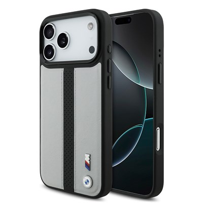 Apple iPhone 17 Pro Max Kılıf BMW Orjinal Lisanslı M-safe Şarj Özellikli Deri Arka Yüzey Metal Logolu Delikli Şerit Tasarımlı Kapak