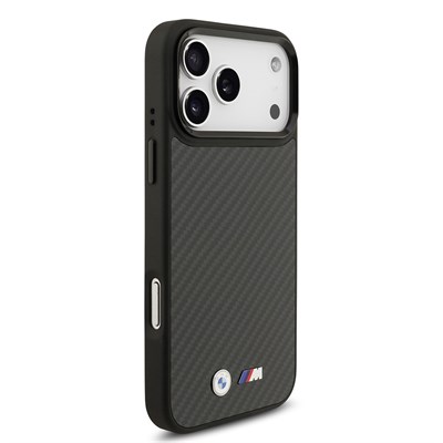Apple iPhone 17 Pro Max Kılıf BMW Orjinal Lisanslı M-safe Şarj Özellikli Karbon Fiber Metal Logolu Kevlar Kapak