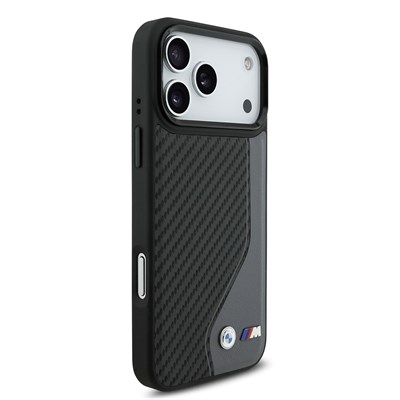 Apple iPhone 17 Pro Max Kılıf BMW Orjinal Lisanslı M-safe Şarj Özellikli Metal BMW ve M Logolu PU Karbon Tasarımlı Kapak