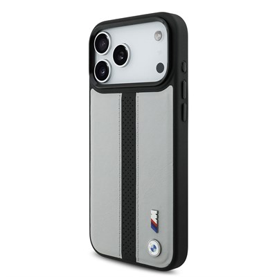 Apple iPhone 17 Pro Max Kılıf BMW Orjinal Lisanslı M-safe Şarj Özellikli Deri Arka Yüzey Metal Logolu Delikli Şerit Tasarımlı Kapak