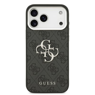 Apple iPhone 17 Pro Max Kılıf Guess Orjinal Lisanslı Gümüş Metal Kamera Çerçeveli 4G Desenli Metal Büyük 4G ve Yazı Logolu Kapak