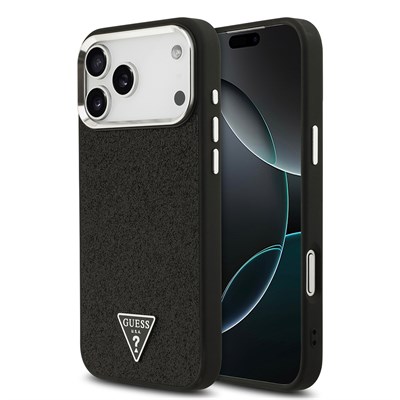 Apple iPhone 17 Pro Max Kılıf Guess Orjinal Lisanslı M-safe Şarj Özellikli Metal Kamera Çerçeveli Üçgen Logolu Glitter Kapak