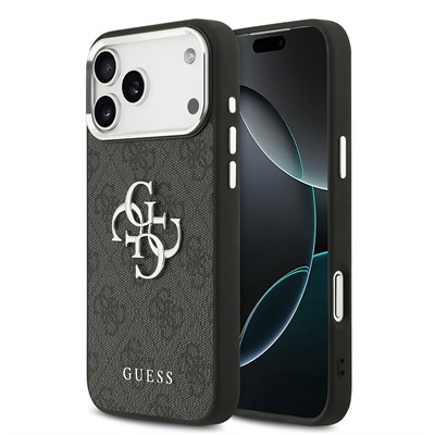 Apple iPhone 17 Pro Max Kılıf Guess Orjinal Lisanslı Gümüş Metal Kamera Çerçeveli 4G Desenli Metal Büyük 4G ve Yazı Logolu Kapak