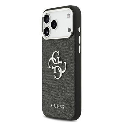 Apple iPhone 17 Pro Max Kılıf Guess Orjinal Lisanslı Gümüş Metal Kamera Çerçeveli 4G Desenli Metal Büyük 4G ve Yazı Logolu Kapak