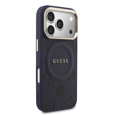 Apple iPhone 17 Pro Max Kılıf Guess Orjinal Lisanslı M-safe Şarj Özellikli Sıcak Baskılı Yazı Logolu PU Deri Peony Kapak
