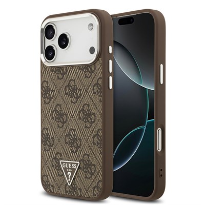 Apple iPhone 17 Pro Max Kılıf Guess Orjinal Lisanslı M-safe Şarj Özellikli Gold Metal Kamera Çerçeveli Taşlı Üçgen Logo 4G Desenli Kapak