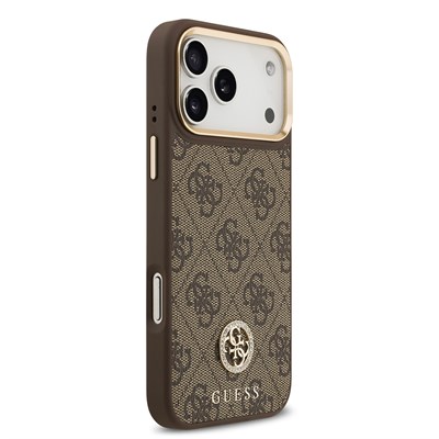 Apple iPhone 17 Pro Max Kılıf Guess Orjinal Lisanslı M-safe Şarj Özellikli Gold Metal Kamera Çerçeveli Taşlı 4G Logolu Kapak