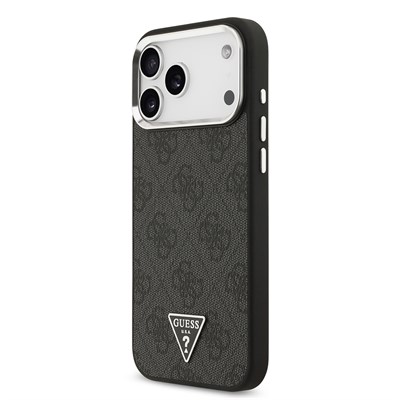Apple iPhone 17 Pro Max Kılıf Guess Orjinal Lisanslı M-safe Şarj Özellikli Gold Metal Kamera Çerçeveli Taşlı Üçgen Logo 4G Desenli Kapak