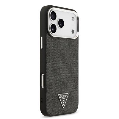 Apple iPhone 17 Pro Max Kılıf Guess Orjinal Lisanslı M-safe Şarj Özellikli Gold Metal Kamera Çerçeveli Taşlı Üçgen Logo 4G Desenli Kapak