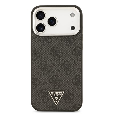 Apple iPhone 17 Pro Max Kılıf Guess Orjinal Lisanslı M-safe Şarj Özellikli Gold Metal Kamera Çerçeveli Taşlı Üçgen Logo 4G Desenli Kapak