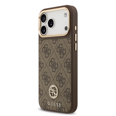 Apple iPhone 17 Pro Max Kılıf Guess Orjinal Lisanslı M-safe Şarj Özellikli Gold Metal Kamera Çerçeveli Taşlı 4G Logolu Kapak