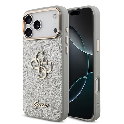 Apple iPhone 17 Pro Max Kılıf Guess Orjinal Lisanslı 4G Büyük Metal Kamera Çerçeveli ve Logolu Glitter Kapak