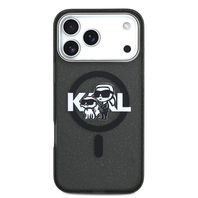 Apple iPhone 17 Pro Max Kılıf Karl Lagerfeld Orjinal Lisanslı Parlayan Simli Karl & Choupette Sketch Logo Kapak