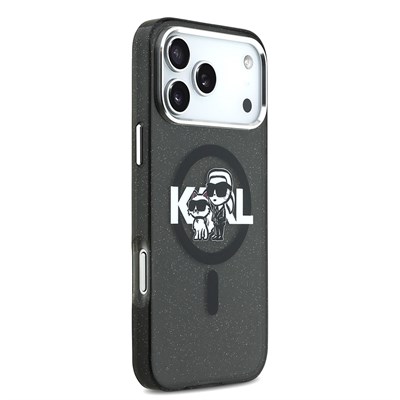 Apple iPhone 17 Pro Max Kılıf Karl Lagerfeld Orjinal Lisanslı Parlayan Simli Karl & Choupette Sketch Logo Kapak