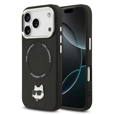 Apple iPhone 17 Pro Max Kılıf Karl Lagerfeld Orjinal Lisanslı M-safe Şarj Özellikli Metal Kamera ve Buton Tasarımlı Choupette PU Deri Kapak