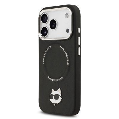 Apple iPhone 17 Pro Max Kılıf Karl Lagerfeld Orjinal Lisanslı M-safe Şarj Özellikli Metal Kamera ve Buton Tasarımlı Choupette PU Deri Kapak