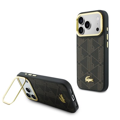 Apple iPhone 17 Pro Max Kılıf Lacoste Orjinal Lisanslı M-safe Şarj Özellikli Standlı PU Deri Karışık Monogram Desenli Kapak