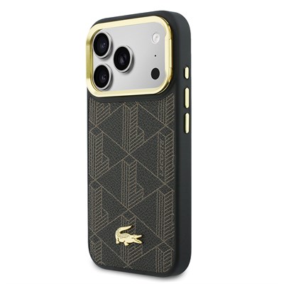 Apple iPhone 17 Pro Max Kılıf Lacoste Orjinal Lisanslı M-safe Şarj Özellikli Standlı PU Deri Karışık Monogram Desenli Kapak